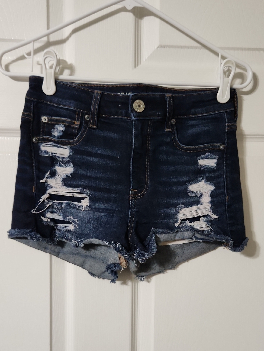 American Eagle Hi-Rise Shortie, Distressed Dark Denim Shorts, Size 4